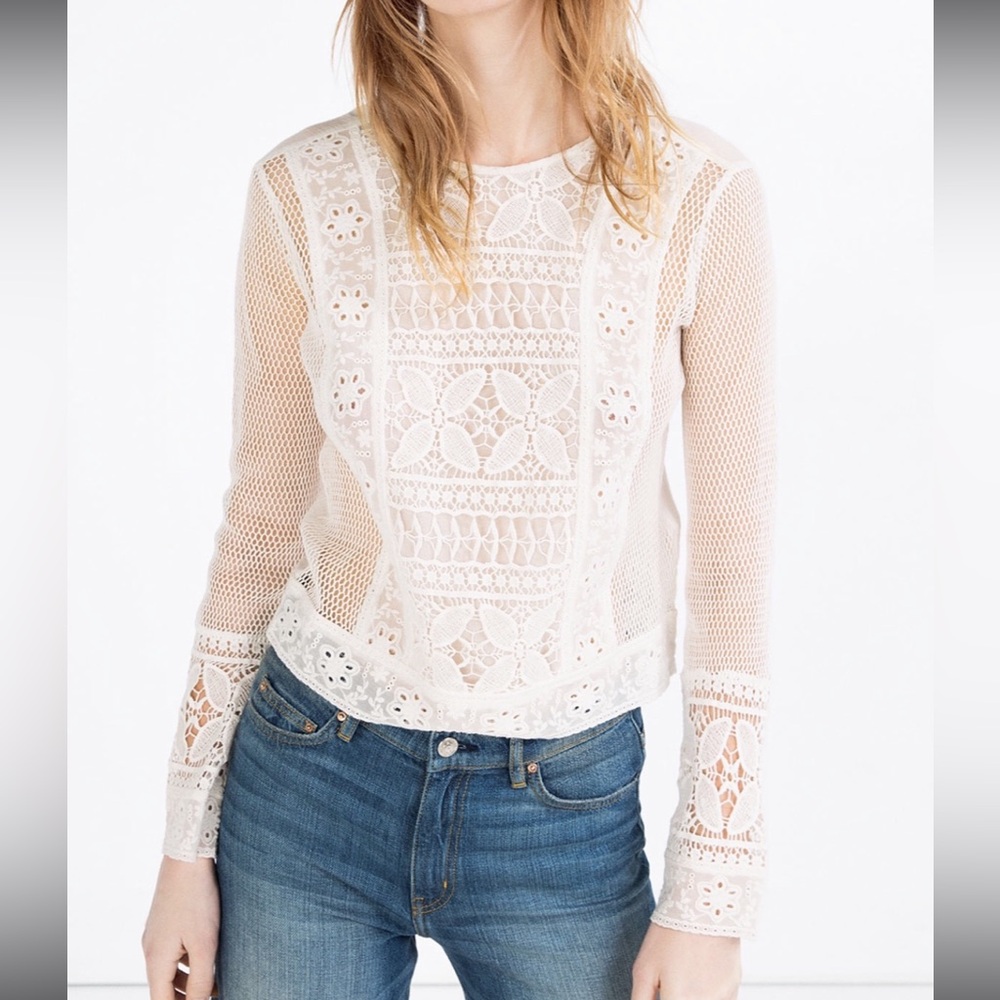 Zara open work embroidery crochet lace mesh top